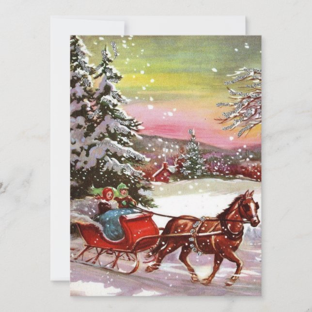 Vintage jul Horse Sleigh Julkort (Framsida)