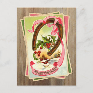 Vintage jul Horseshoe & Winter Scene w/Holly Helg Vykort