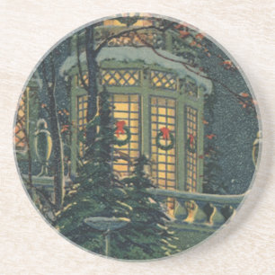 Vintage jul, House with Wreaths in Windows Underlägg Sandsten