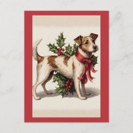 Vintage jul-Hund med Red Bow och Holly Vykort