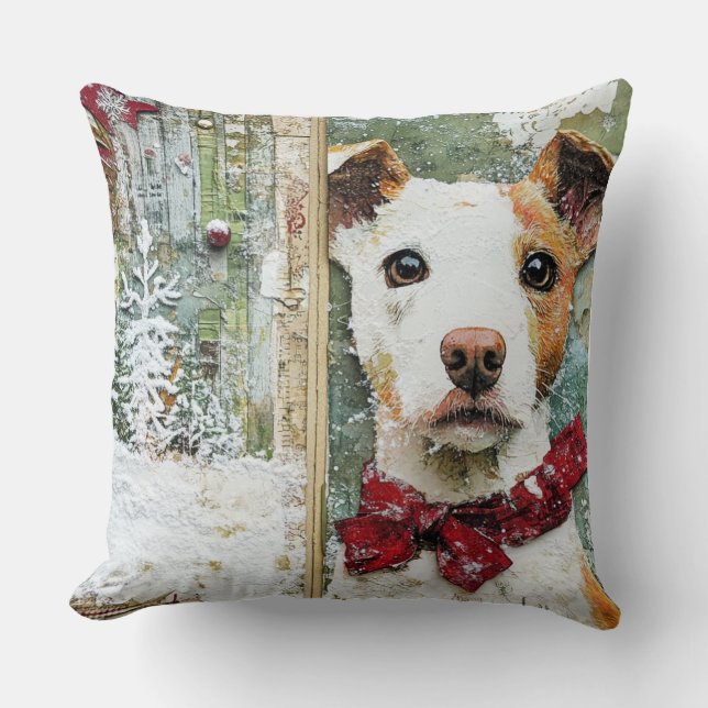 Vintage jul-Hund Pillow - Rustic Helgdag Kudde (Framsida)