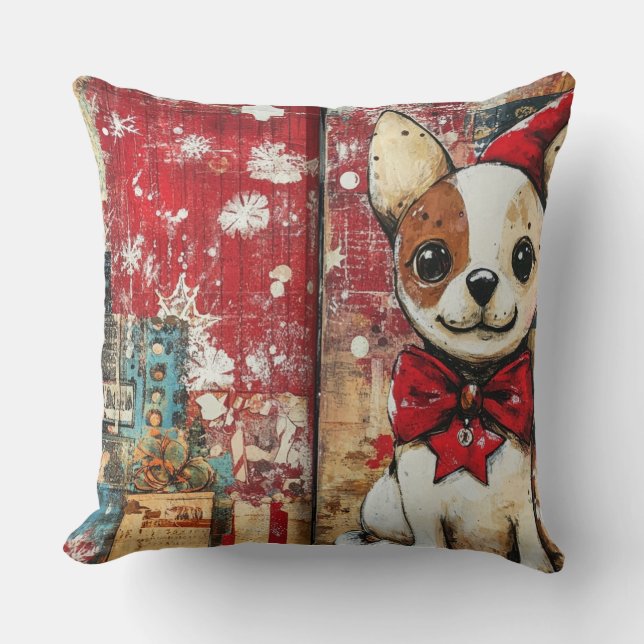 Vintage jul-Hund Pillow - Rustic Helgdag Kudde (Framsida)