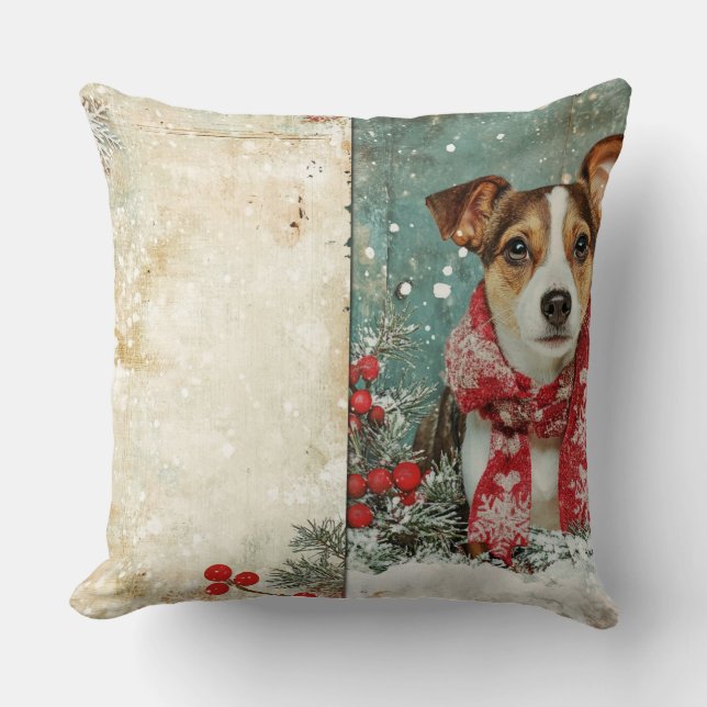 Vintage jul-Hund Pillow - Rustic Helgdag Kudde (Framsida)