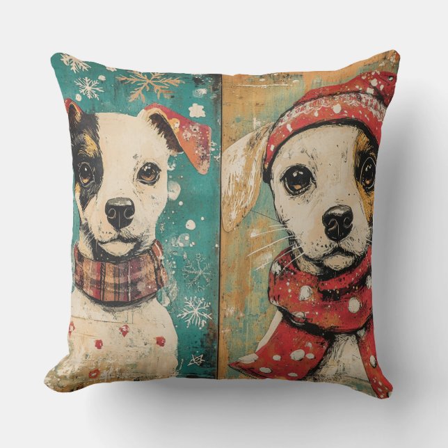 Vintage jul-Hund Pillow - Rustic Helgdag Kudde (Framsida)