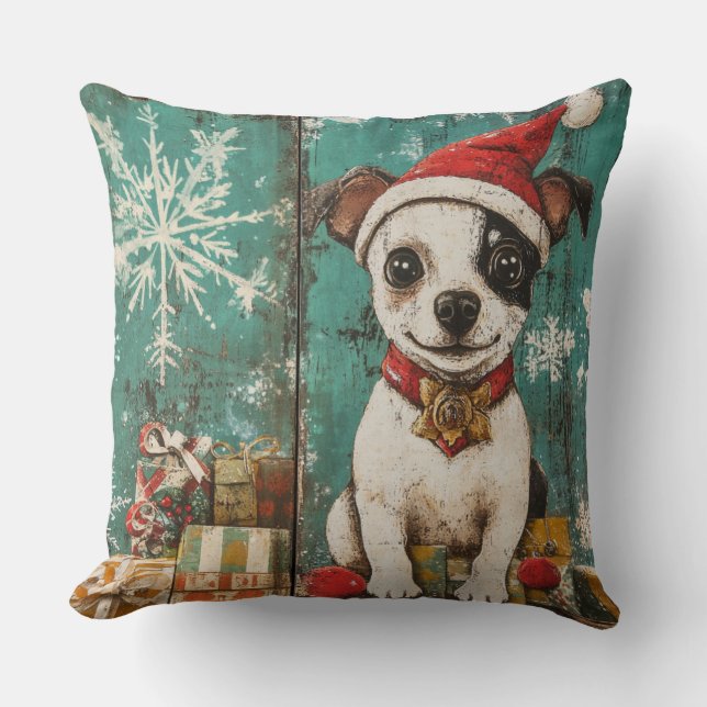 Vintage jul-Hund Pillow - Rustic Helgdag Kudde (Framsida)