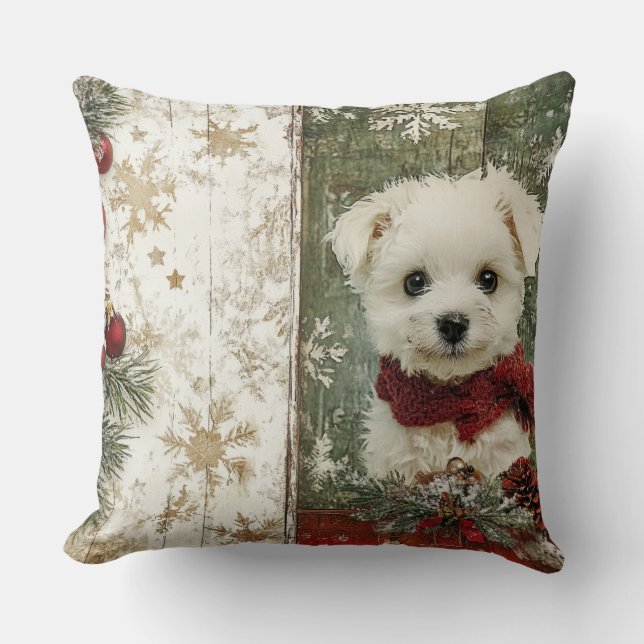 Vintage jul-Hund Pillow - Rustic Helgdag Kudde (Framsida)