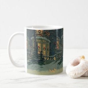 Vintage jul, hus med kransar i fönstren kaffemugg
