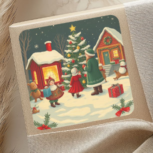 Vintage jul Illustration Fyrkantigt Klistermärke