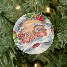 Vintage jul, Jolly Jultomten med Hat Julgransprydnad Keramik