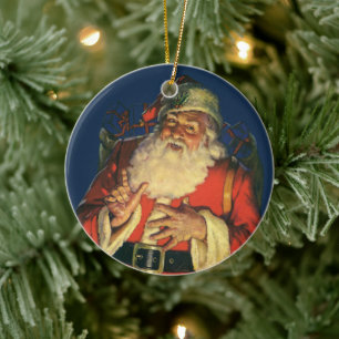 Vintage jul, Jolly Jultomten med Leksaker Julgransprydnad Keramik