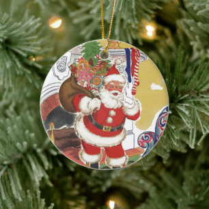 Vintage jul, Jolly Jultomten med Presenter Julgransprydnad Keramik
