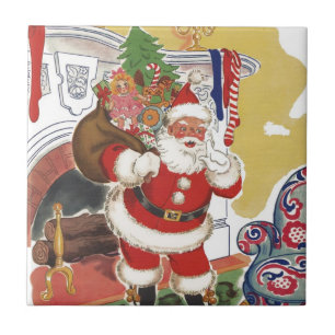 Vintage jul, Jolly Jultomten med Presenter Kakelplatta