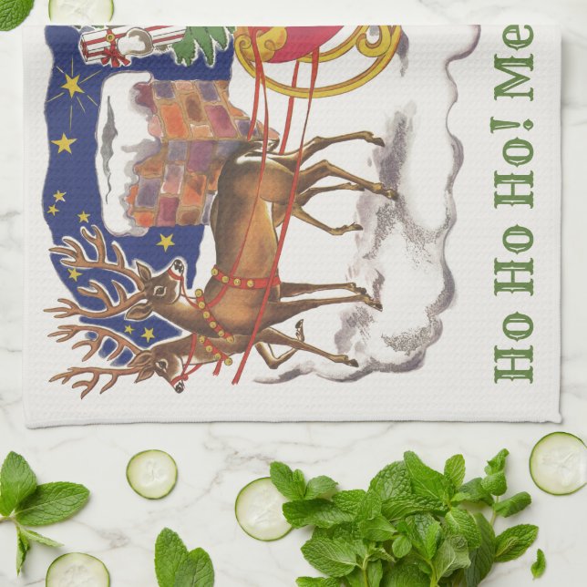 Vintage jul, Jolly Jultomten med Sleigh Kökshandduk (Vikta)