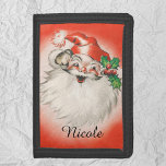 Vintage jul, Jolly Retro 50-talet Jultomten<br><div class="desc">Vintage illustration av God jul helgdag med ett jolly Jultomten. Gamla Saint Nick har ett stort fluffyvitt skägg och bär ett traditionellt hårig som dekorerat med löv och bär. Hans skrattande ansikte har en ljusröd bakgrund. En 50-sekunders roligt-reflekterande känns.</div>