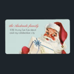 Vintage jul Jolly Santa Blue Red Helgdag Fraktsedel<br><div class="desc">Vintage christmas, jolly Santa vintage/antique illustration/image/clipart/teckning, light/soft/bright blue solid bakgrund, röd helgdag, enkel/festive/nostalgic/roligt/old stil/mode/vintage inspirred/look/tittar design, tomhat/red white kostym/wear/unfit/long white skägda/röda/röda handskar, vit papper, vit presenter, blå båge/band, anpassa färg, blå röd anpassningsbar, gammal man, jultomten/klausul/pappa jul/st nick/saint nicholas, röd/blåsande kind, hälsning, röd kalligrafi/skript-typsnitt. Vintage christmas-design, med red_dress, med antika illustrationer...</div>