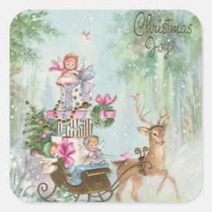 Vintage jul Joy Änglar på en sleigh Fyrkantigt Klistermärke