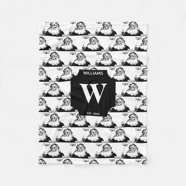 Vintage jul Jultomten Black White Monogram Fleecefilt (Framsidan)