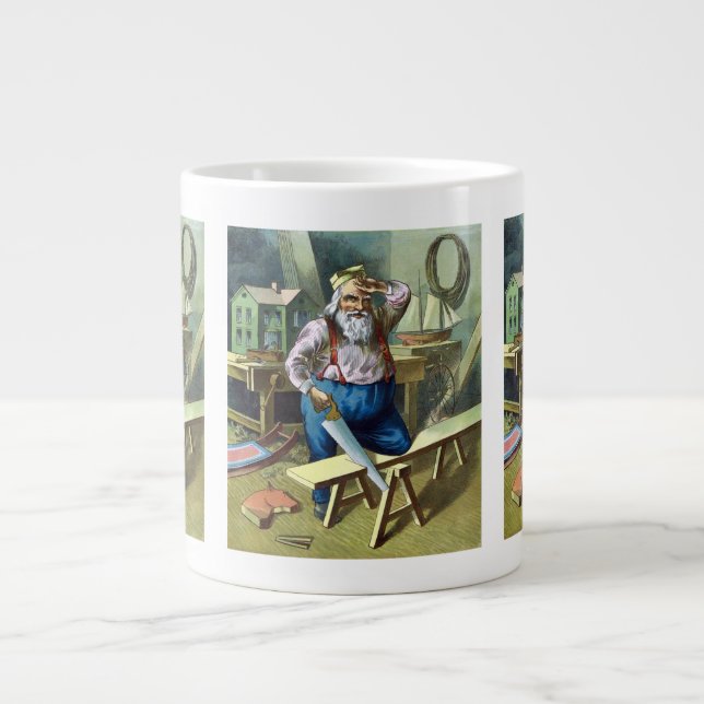 Vintage jul, Jultomten Byggande Leksaker Saw Jumbo Mugg (Framsidan)