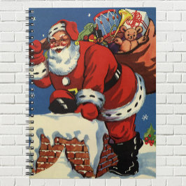 Vintage jul, Jultomten Down Skorsten w Leksaker Anteckningsbok Med Spiral