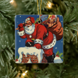 Vintage jul, Jultomten Down Skorsten w Leksaker Julgransprydnad Keramik