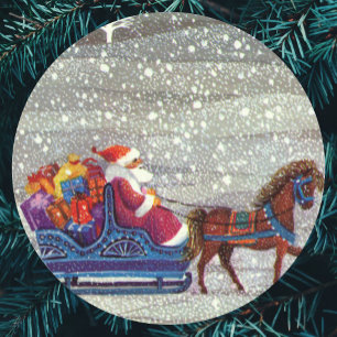 Vintage jul, jultomten enhästiga släde runt klistermärke