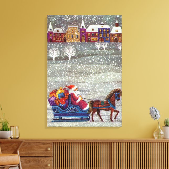 Vintage jul, Jultomten Horse Open Sleigh Canvastryck (Insitu (Vardagsrum))