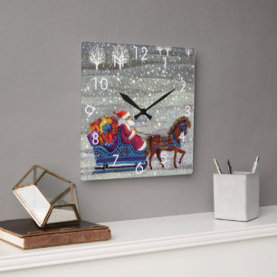 Vintage jul, Jultomten Horse Open Sleigh Fyrkantig Klocka