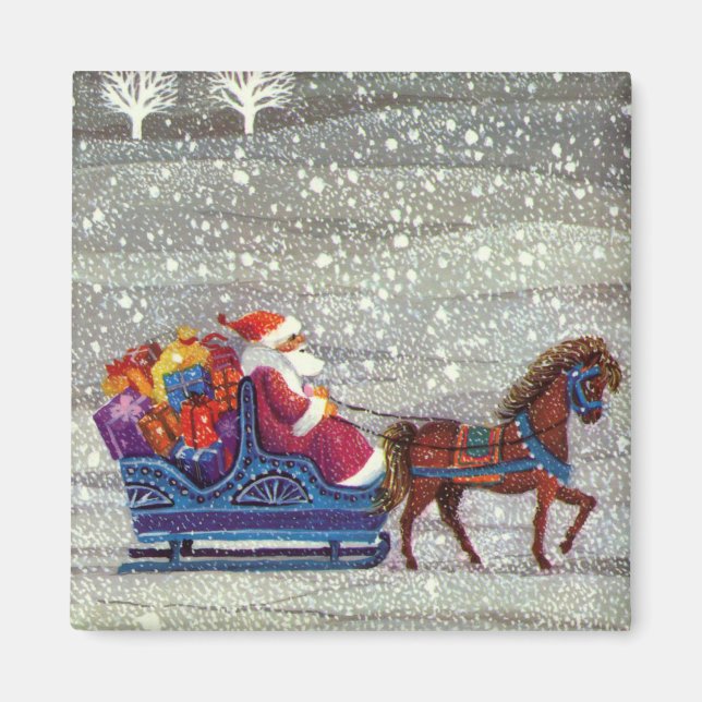 Vintage jul, Jultomten Horse Open Sleigh Magnet (Framsidan)