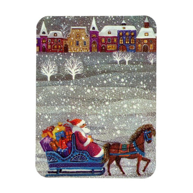 Vintage jul, Jultomten Horse Open Sleigh Magnet (Vertikal)