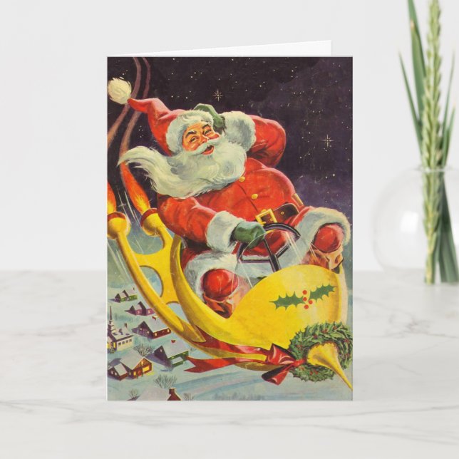 Vintage jul, Jultomten i ett rymdskepp Helgkort (Framsida)