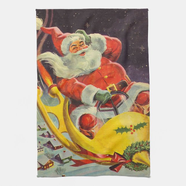 Vintage jul, Jultomten i ett rymdskepp Kökshandduk (Vertikal)