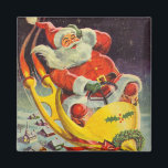 Vintage jul, Jultomten i ett rymdskepp Magnet<br><div class="desc">Vintage illustrerar julbilden med en helgdag som rymmer en 50-årig Jultomten som flyger ett science fiction-rymdskepp över en sömnig stad på julen Kväll.</div>