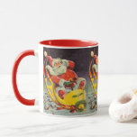 Vintage jul, Jultomten i ett rymdskepp Mugg<br><div class="desc">Vintage illustrerar julbilden med en helgdag som rymmer en 50-årig Jultomten som flyger ett science fiction-rymdskepp över en sömnig stad på julen Kväll.</div>