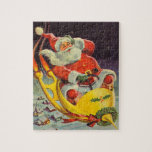 Vintage jul, Jultomten i ett rymdskepp Pussel<br><div class="desc">Vintage illustrerar julbilden med en helgdag som rymmer en 50-årig Jultomten som flyger ett science fiction-rymdskepp över en sömnig stad på julen Kväll.</div>