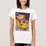Vintage jul, Jultomten i ett rymdskepp T Shirt<br><div class="desc">Vintage illustrerar julbilden med en helgdag som rymmer en 50-årig Jultomten som flyger ett science fiction-rymdskepp över en sömnig stad på julen Kväll.</div>