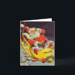 Vintage jul, Jultomten i ett rymdskepp Tack Kort<br><div class="desc">Vintage illustrerar julbilden med en helgdag som rymmer en 50-årig Jultomten som flyger ett science fiction-rymdskepp över en sömnig stad på julen Kväll.</div>