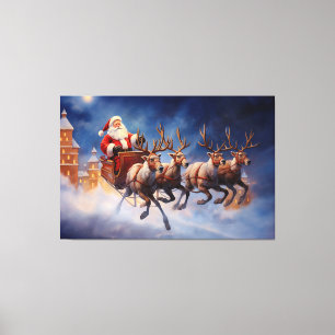 Vintage jul Jultomten i Sleigh Flies Canvastryck