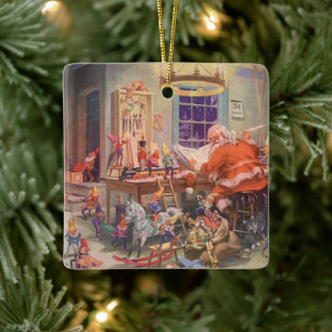 Vintage jul, Jultomten med Elves Workshop Julgransprydnad Keramik