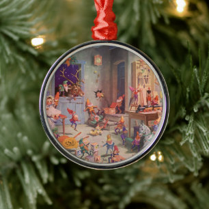 Vintage jul, Jultomten med Elves Workshop Julgransprydnad Metall
