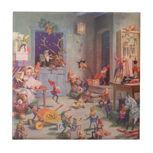 Vintage jul, Jultomten med Elves Workshop Kakelplatta