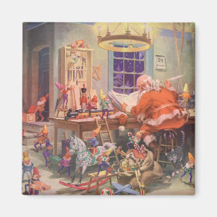 Vintage jul, Jultomten med Elves Workshop Magnet