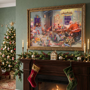 Vintage jul, Jultomten med Elves Workshop Poster