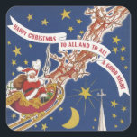 Vintage jul-Jultomten med flytande renar Fyrkantigt Klistermärke<br><div class="desc">Vintage illustrerar God jul helgdag-designen från det klassiska barnberättelsen bok: "Twas the Natt before jul". Bilden är den bakomliggande konsten med ett glupskt Jultomten som flyger i himlar med sin själ, renar och en sack fullt leksaker på julen i Kväll med ljusa, tvillingande gult stjärnor i himlar. Lycklig jul till...</div>