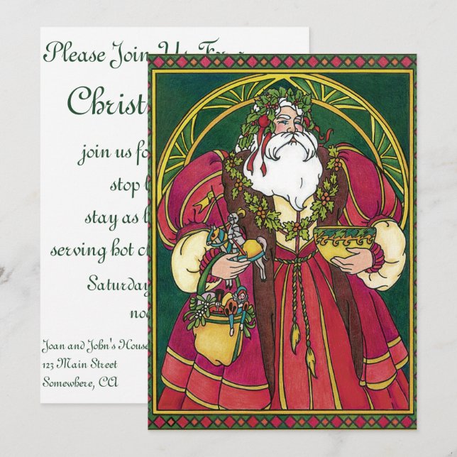 Vintage jul, Jultomten med Holly Löv Inbjudningar (Fram/baksida)