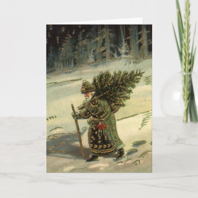 Vintage jul, Jultomten med Träd Helgkort (Framsida)