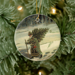 Vintage jul, Jultomten med Träd Julgransprydnad Keramik
