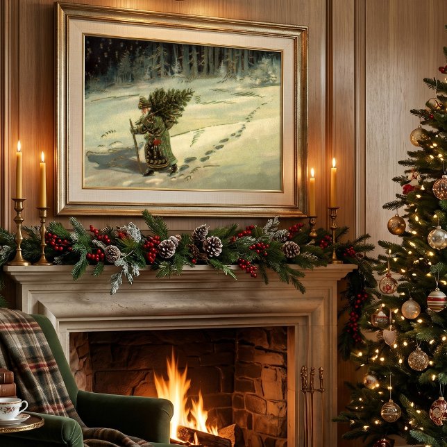 Vintage jul, Jultomten med Träd Poster (Vintage illustration Christmas design featuring old Saint Nicholas carry a tree through the snow. )