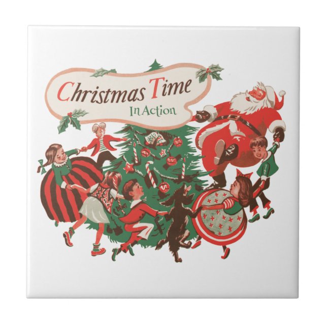 Vintage jul Jultomten och Dancing Children Kakelplatta (Framsidan)