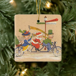 Vintage jul, Jultomten Riding a Bicycle Julgransprydnad Keramik