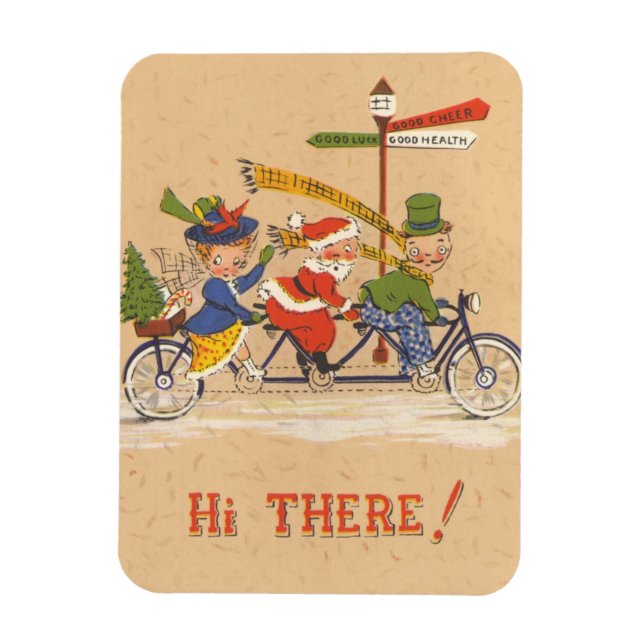 Vintage jul, Jultomten Riding a Bicycle Magnet (Vertikal)